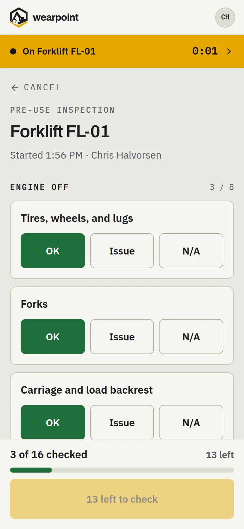 The wearpoint pre-use inspection on a phone: 3 of 16 forklift checks done, each answered OK, Issue, or N/A.